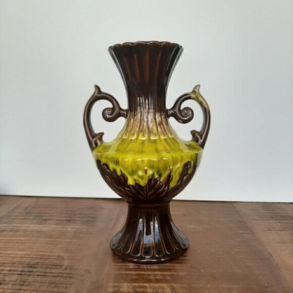 Japanese Ceramic drop glaze urn Vase Brown and Yellow - Picture 1 of 10